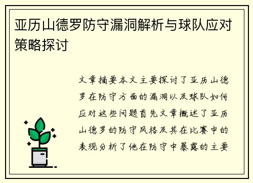 亚历山德罗防守漏洞解析与球队应对策略探讨